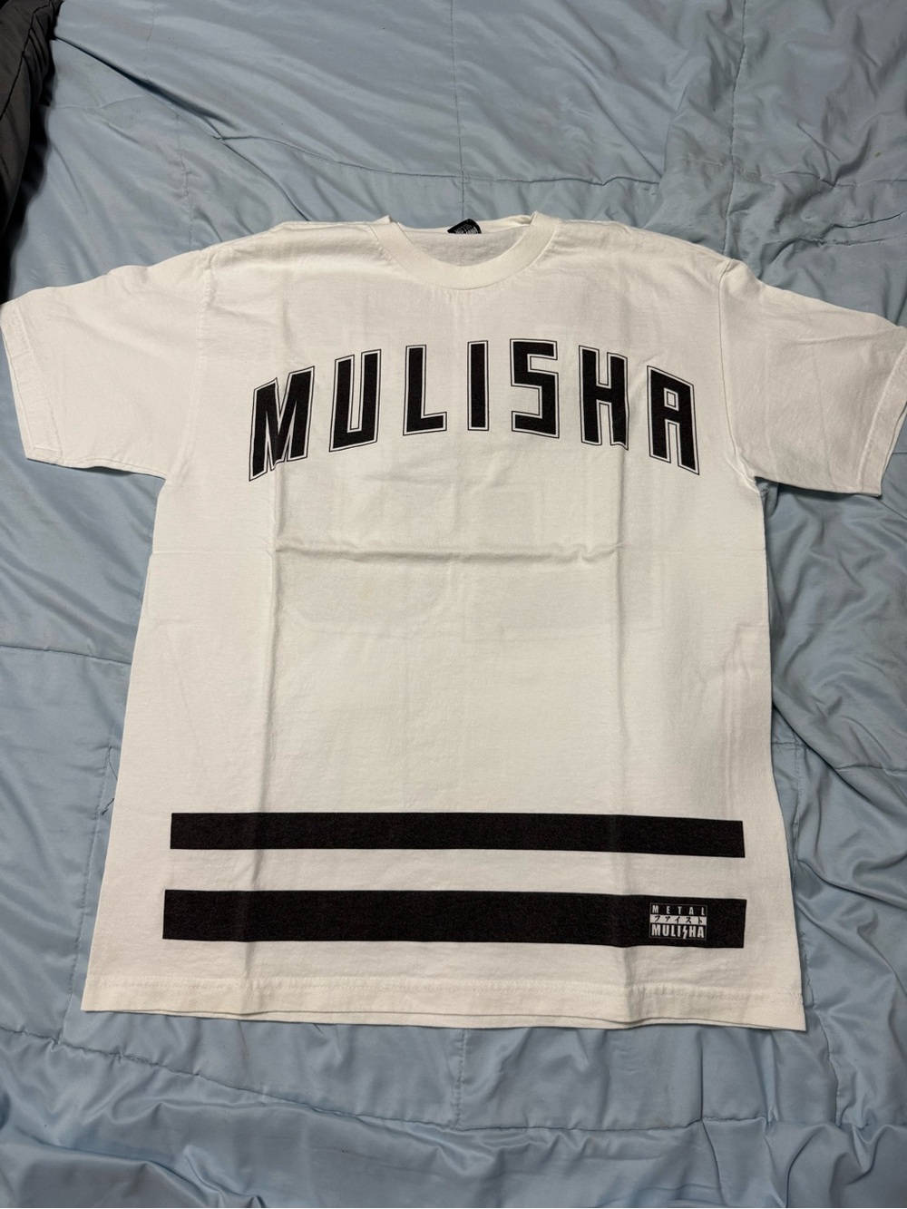 Metal Mulisha White T-Shirt with Black Logo and Stripes